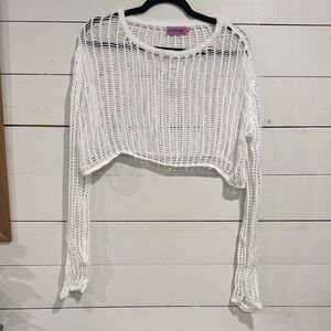 Edikted White Open-Knit Cropped Long Sleeve Top